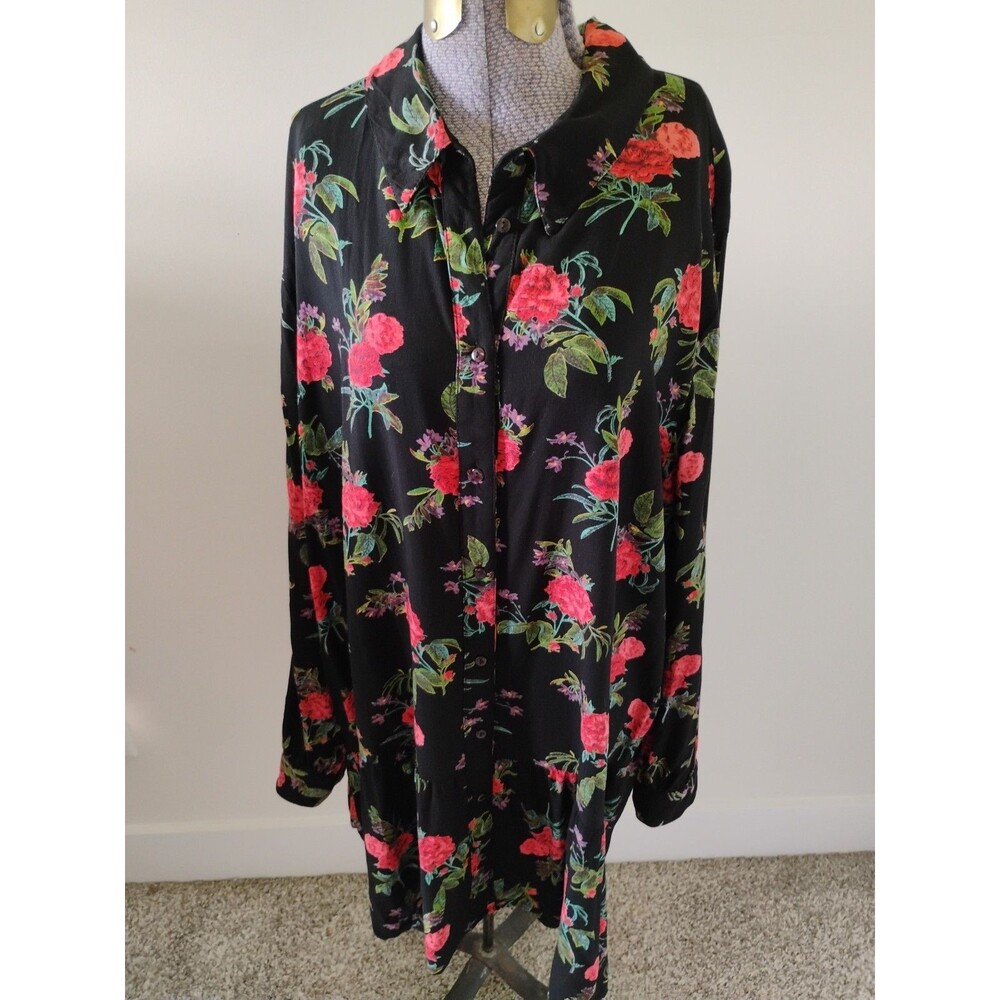 Ellos Tunic Top Womens 24 2x Ruffle Hem Print Black Floral Long Sleeve Punk